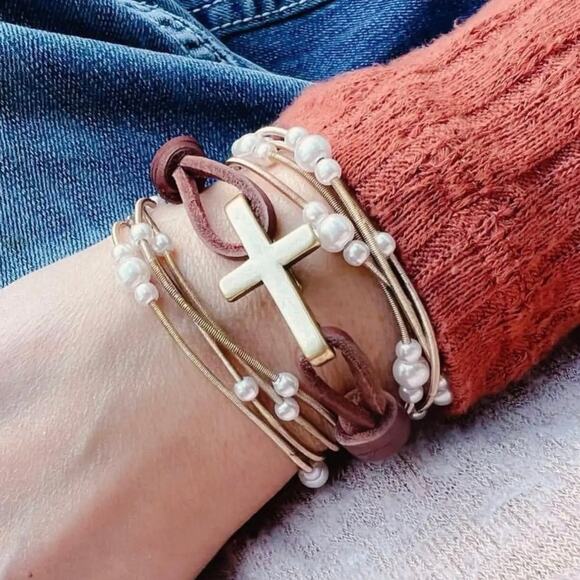 New Plunder "Selene" Leather Antique Gold Cross Cuff Bracelet (7") - Picture 2 of 5